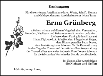 Traueranzeige von Erna Grünberg von Pasewalker Zeitung