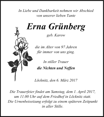 Traueranzeige von Erna Grünberg von Pasewalker Zeitung