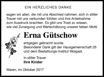 Traueranzeige von Erna Gütschow von Müritz-Zeitung