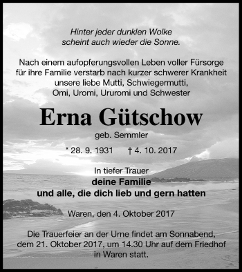 Traueranzeige von Erna Gütschow von Müritz-Zeitung