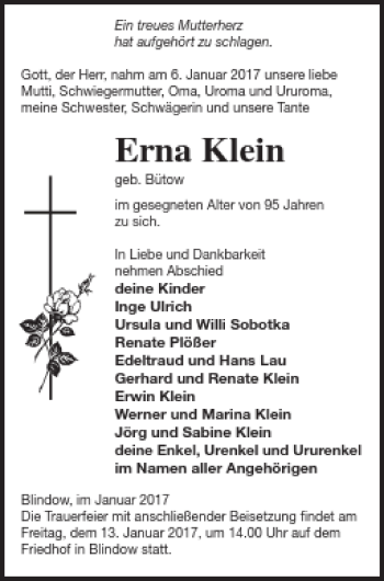 Traueranzeige von Erna Klein von Prenzlauer Zeitung