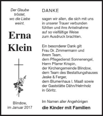 Traueranzeige von Erna Klein von Prenzlauer Zeitung