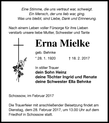 Traueranzeige von Erna Mielke von Neubrandenburger Zeitung