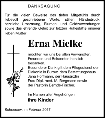 Traueranzeige von Erna Mielke von Neubrandenburger Zeitung