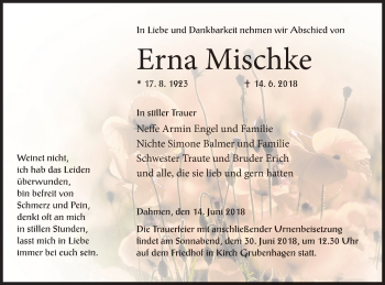 Traueranzeige von Erna Mischke von Mecklenburger Schweiz