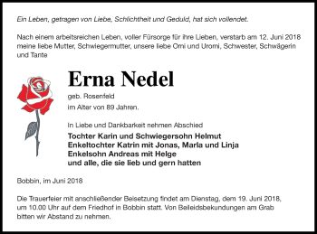 Traueranzeige von Erna Nedel von Mecklenburger Schweiz