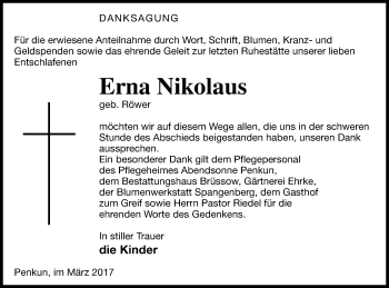 Traueranzeige von Erna Nikolaus von Pasewalker Zeitung