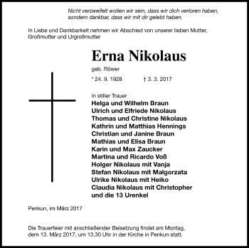 Traueranzeige von Erna Nikolaus von Pasewalker Zeitung