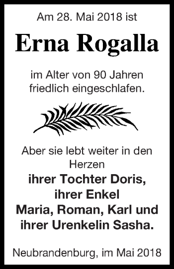 Traueranzeige von Erna Rogalla von Neubrandenburger Zeitung