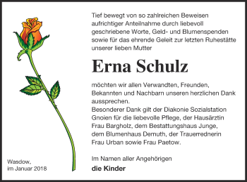 Traueranzeige von Erna Schulz von Mecklenburger Schweiz