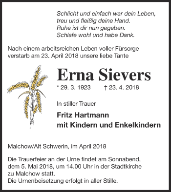 Traueranzeige von Erna Sievers von Müritz-Zeitung