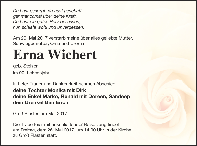  Traueranzeige für Erna Wichert vom 23.05.2017 aus Müritz-Zeitung