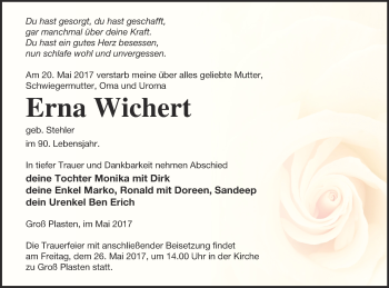 Traueranzeige von Erna Wichert von Müritz-Zeitung