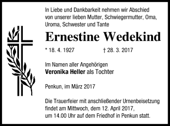 Traueranzeige von Ernestine Wedekind von Pasewalker Zeitung