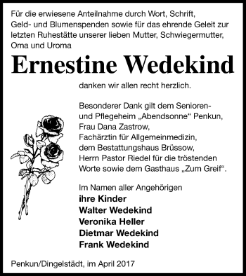 Traueranzeige von Ernestine Wedekind von Pasewalker Zeitung