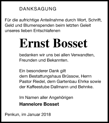 Traueranzeige von Ernst Bosset von Pasewalker Zeitung