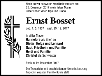 Traueranzeige von Ernst Bosset von Pasewalker Zeitung