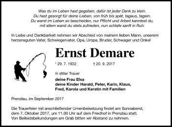 Traueranzeige von Ernst Demare von Prenzlauer Zeitung