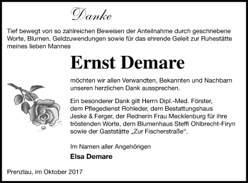 Traueranzeige von Ernst Demare von Prenzlauer Zeitung