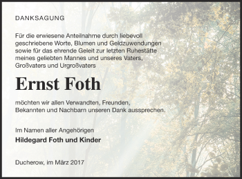 Traueranzeige von Ernst Foth von Vorpommern Kurier