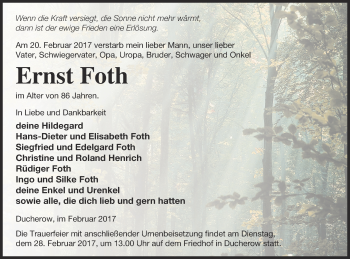 Traueranzeige von Ernst Foth von Vorpommern Kurier