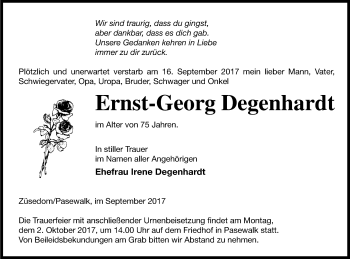 Traueranzeige von Ernst-Georg Degenhardt von Pasewalker Zeitung