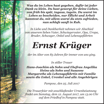 Traueranzeige von Ernst Krüger von Pasewalker Zeitung