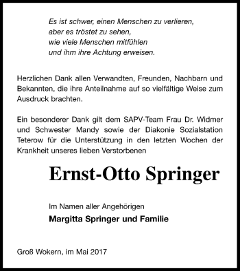 Traueranzeige von Ernst-Otto Springer von Mecklenburger Schweiz