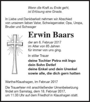 Traueranzeige von Erwin Baars von Prenzlauer Zeitung