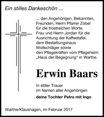 Traueranzeige von Erwin Baars von Prenzlauer Zeitung