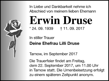 Traueranzeige von Erwin Druse von Neubrandenburger Zeitung