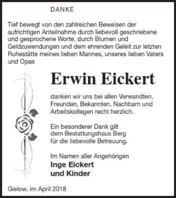 Traueranzeige von Erwin Eickert von Mecklenburger Schweiz