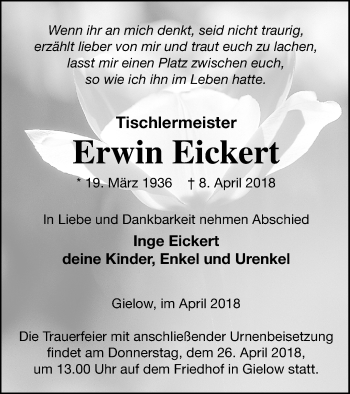 Traueranzeige von Erwin Eickert von Mecklenburger Schweiz