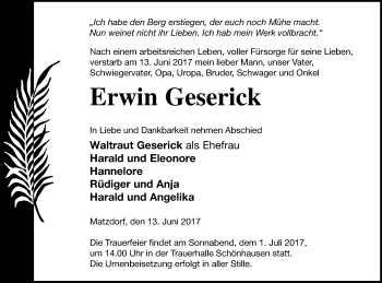 Traueranzeige von Erwin Geserick von Pasewalker Zeitung