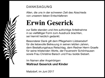 Traueranzeige von Erwin Geserick von Pasewalker Zeitung