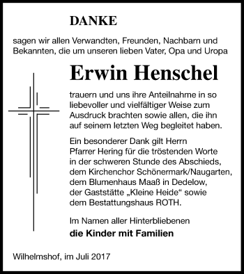 Traueranzeige von Erwin Henschel von Prenzlauer Zeitung