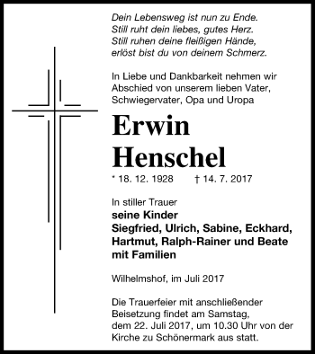 Traueranzeige von Erwin Henschel von Prenzlauer Zeitung