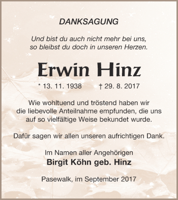 Traueranzeige von Erwin Hinz von Pasewalker Zeitung