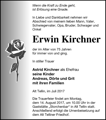 Traueranzeige von Erwin Kirchner von Vorpommern Kurier