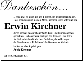 Traueranzeige von Erwin Kirchner von Vorpommern Kurier