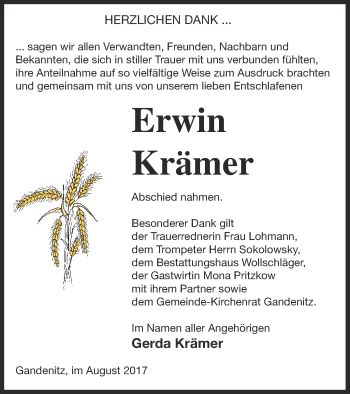 Traueranzeige von Erwin Krämer von Templiner Zeitung