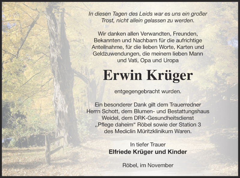  Traueranzeige für Erwin Krüger vom 08.12.2017 aus Müritz-Zeitung