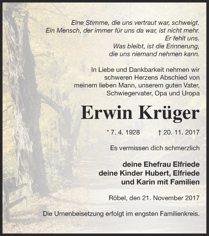  Traueranzeige für Erwin Krüger vom 22.11.2017 aus Müritz-Zeitung