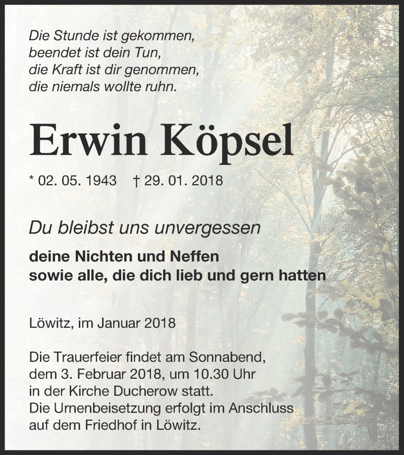  Traueranzeige für Erwin Köpsel vom 31.01.2018 aus Vorpommern Kurier