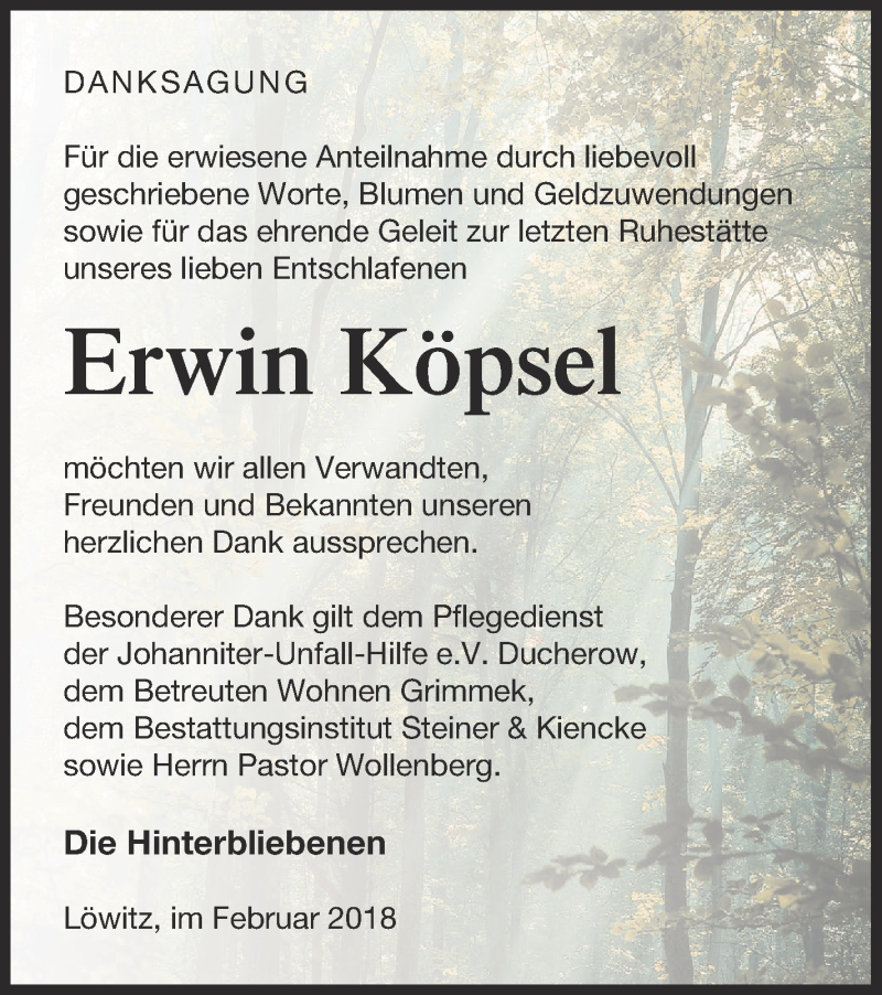  Traueranzeige für Erwin Köpsel vom 10.02.2018 aus Vorpommern Kurier
