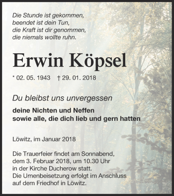 Traueranzeige von Erwin Köpsel von Vorpommern Kurier