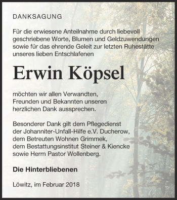 Traueranzeige von Erwin Köpsel von Vorpommern Kurier