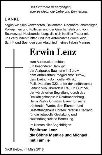 Traueranzeige von Erwin Lenz von Neubrandenburger Zeitung