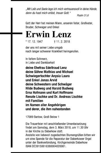 Traueranzeige von Erwin Lenz von Neubrandenburger Zeitung