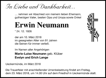 Traueranzeige von Erwin Neumann von Haff-Zeitung